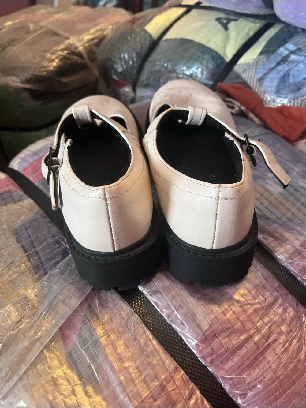Zara Cream T-Strap Loafers with Black Soles